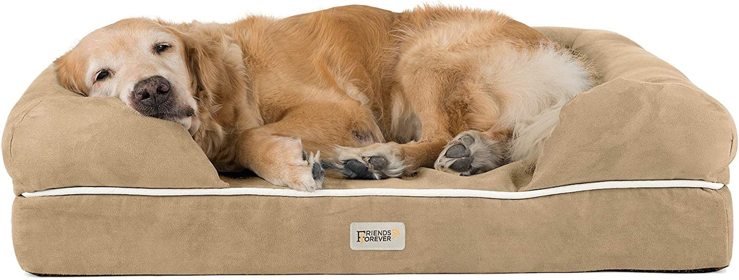 Premium X-Large Orthopedic Dog Bed - Calming Memory Foam Sofa with Wall Rim Pillow, Water Resistant, Washable Cover & Non-Slip Bottom - Stylish Khaki Beige