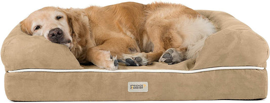 Premium X-Large Orthopedic Dog Bed - Calming Memory Foam Sofa with Wall Rim Pillow, Water Resistant, Washable Cover & Non-Slip Bottom - Stylish Khaki Beige