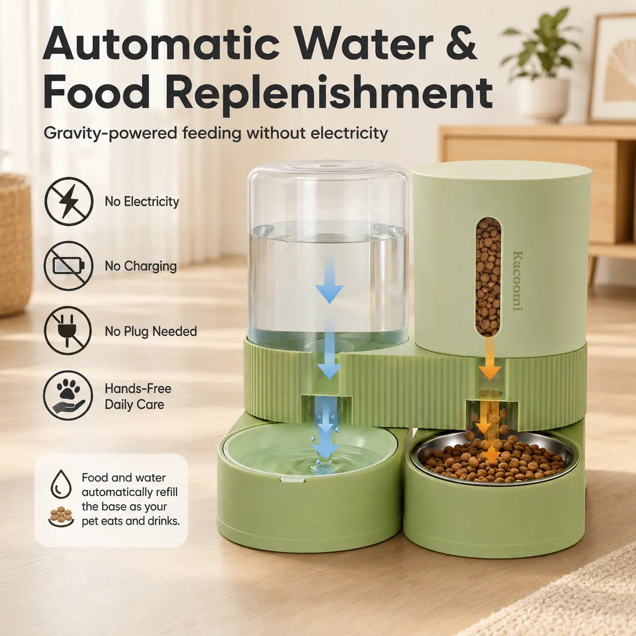 Kacoomi 2-Pack Large Capacity Gravity Pet Feeder & Water Dispenser Set with Stainless Steel Bowls for Cats and Small Dogs