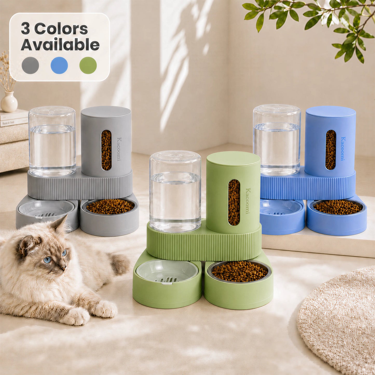 Kacoomi 2-Pack Large Capacity Gravity Pet Feeder & Water Dispenser Set with Stainless Steel Bowls for Cats and Small Dogs