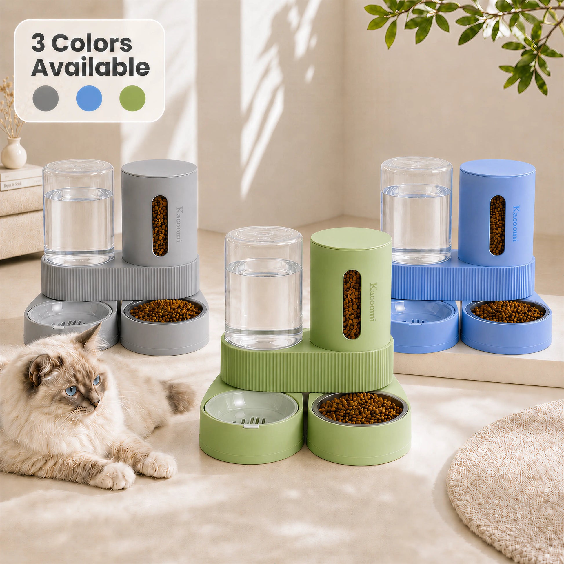 Kacoomi 2-Pack Large Capacity Gravity Pet Feeder & Water Dispenser Set with Stainless Steel Bowls for Cats and Small Dogs