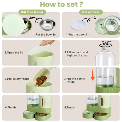 Kacoomi 2-Pack Large Capacity Gravity Pet Feeder & Water Dispenser Set with Stainless Steel Bowls for Cats and Small Dogs