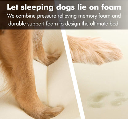 Premium X-Large Orthopedic Dog Bed - Calming Memory Foam Sofa with Wall Rim Pillow, Water Resistant, Washable Cover & Non-Slip Bottom - Stylish Khaki Beige