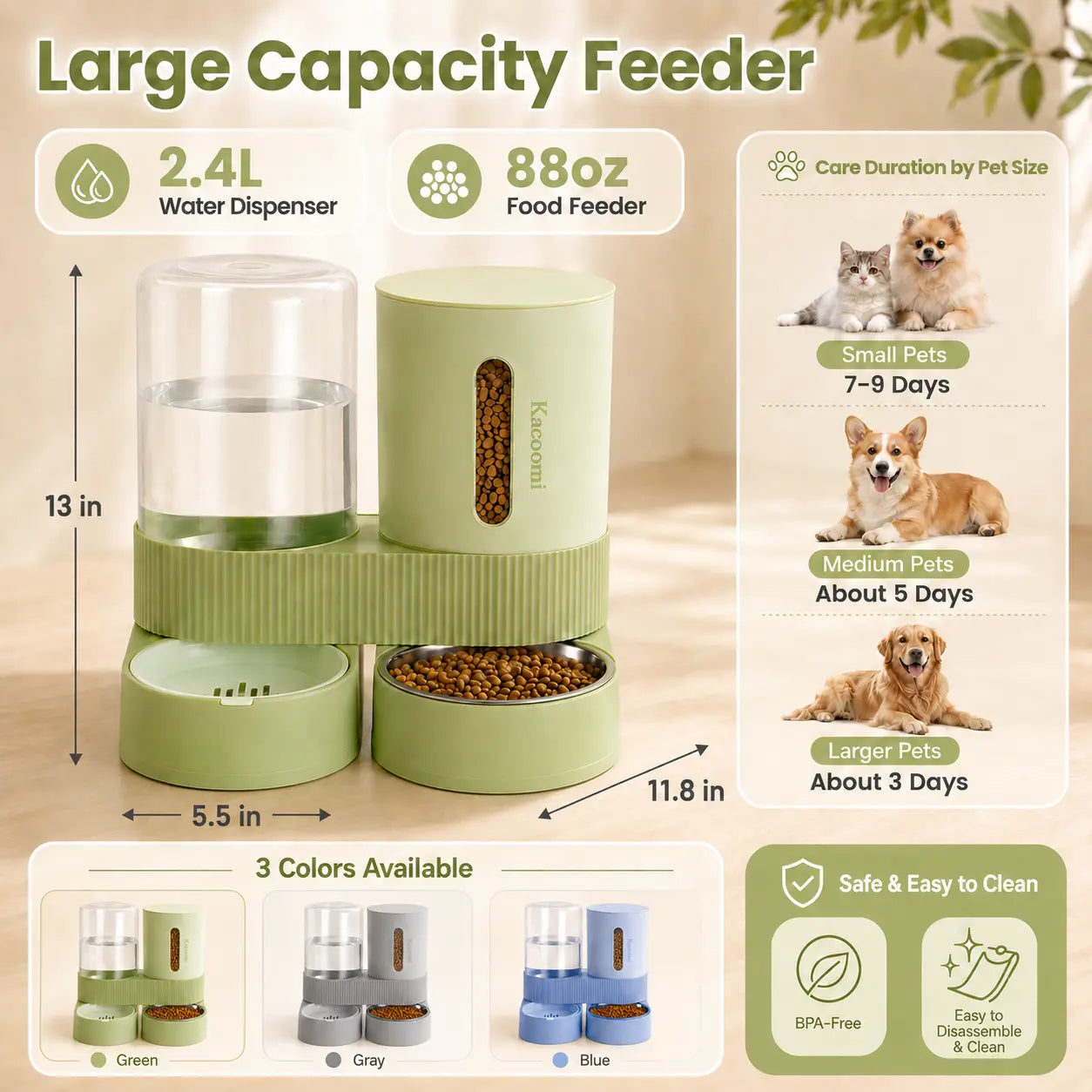 Kacoomi 2-Pack Large Capacity Gravity Pet Feeder & Water Dispenser Set with Stainless Steel Bowls for Cats and Small Dogs