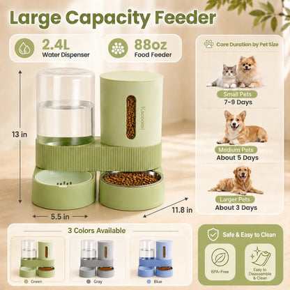 Kacoomi 2-Pack Large Capacity Gravity Pet Feeder & Water Dispenser Set with Stainless Steel Bowls for Cats and Small Dogs