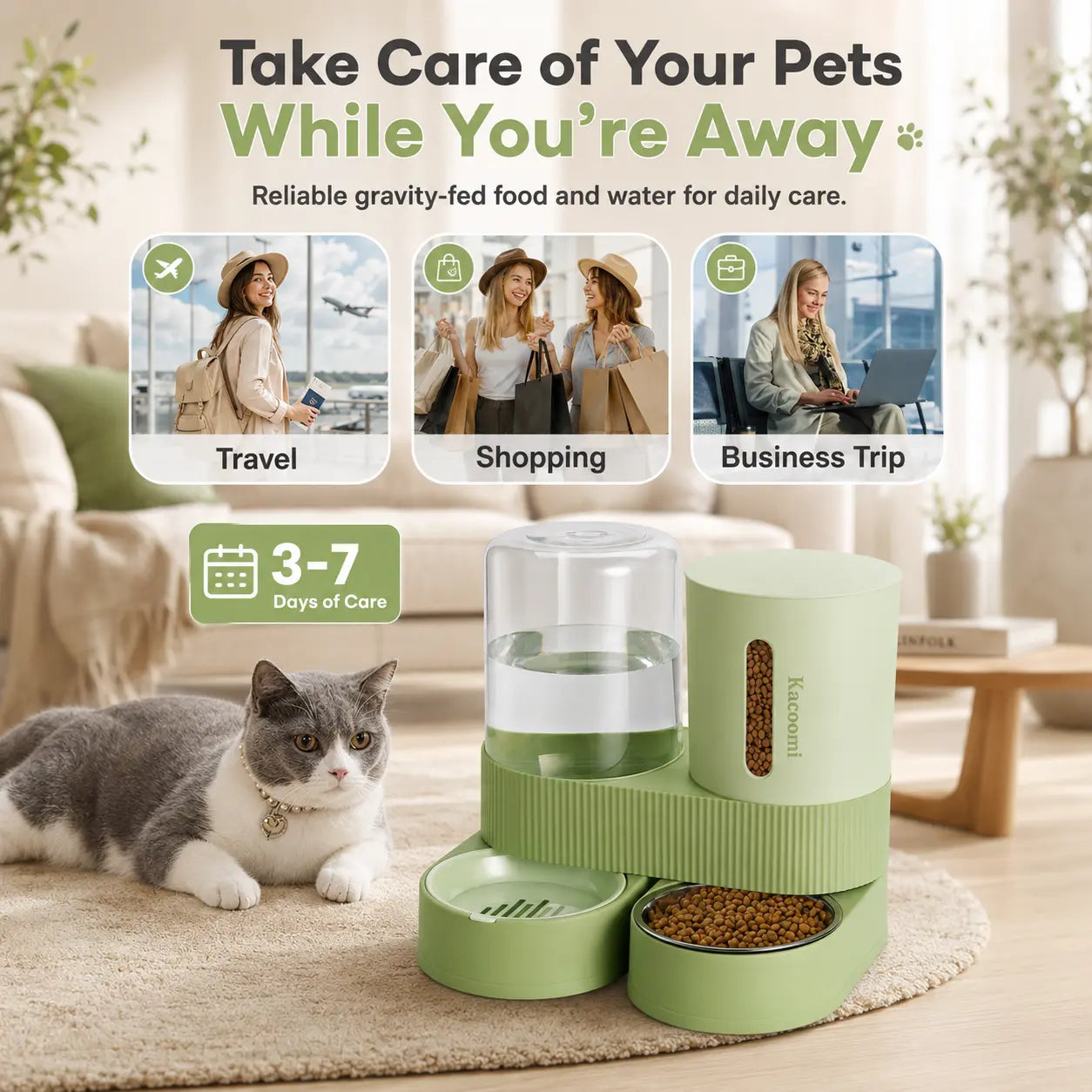 Kacoomi 2-Pack Large Capacity Gravity Pet Feeder & Water Dispenser Set with Stainless Steel Bowls for Cats and Small Dogs