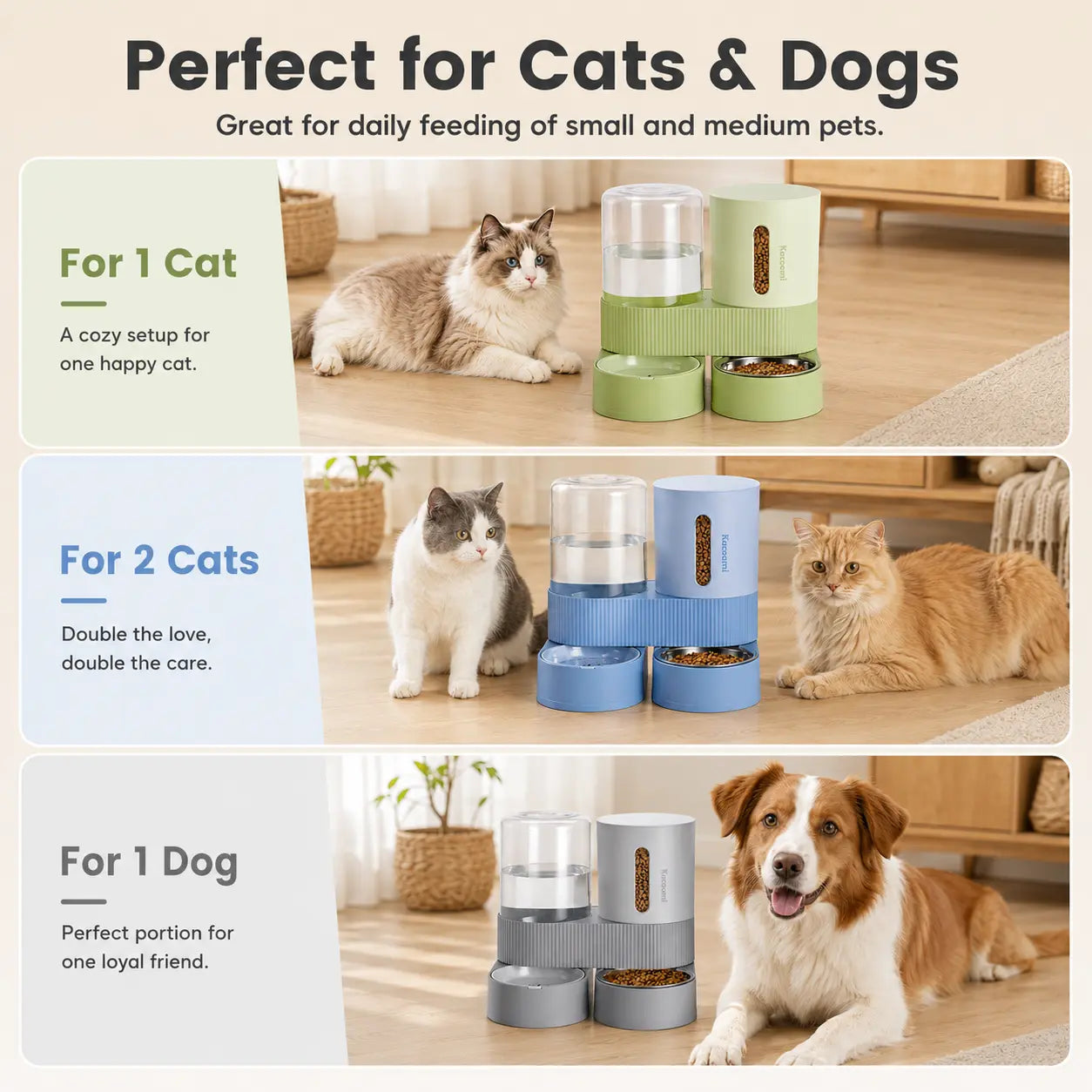 Kacoomi 2-Pack Large Capacity Gravity Pet Feeder & Water Dispenser Set with Stainless Steel Bowls for Cats and Small Dogs